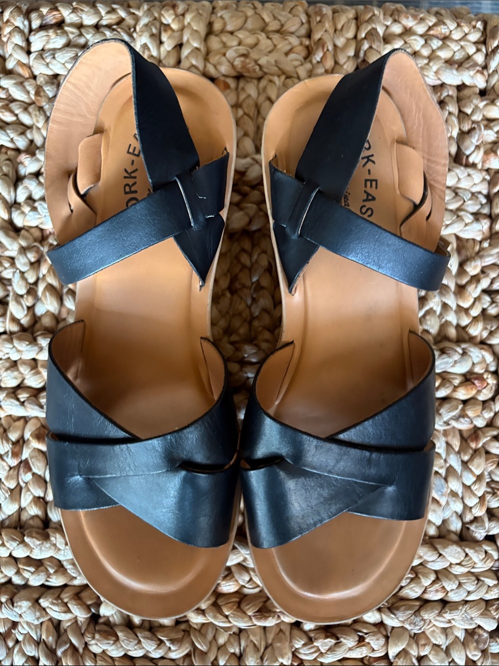 Kork-Ease Black Leather Cross-Strap Wedge Sandals-size 8